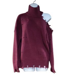 Womens Turtle Neck Sweater Size Small Burgundy Knit Distressed Grunge